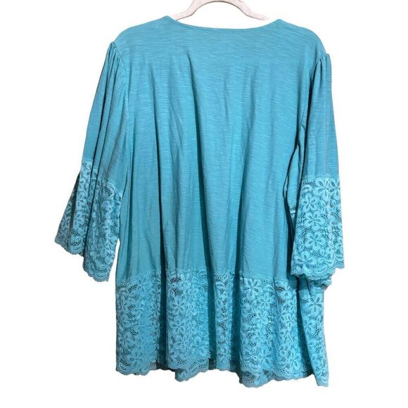 Roamans Top Womens 22 24 1X Blue Pintucked Lace Hem V Neck Stretch Blouse Ladies - Picture 5 of 8